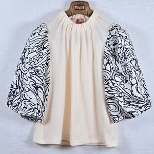 THML Puff Statement Sleeve Ribbed Top Cream Black Romantic Maximalist Sz.XS